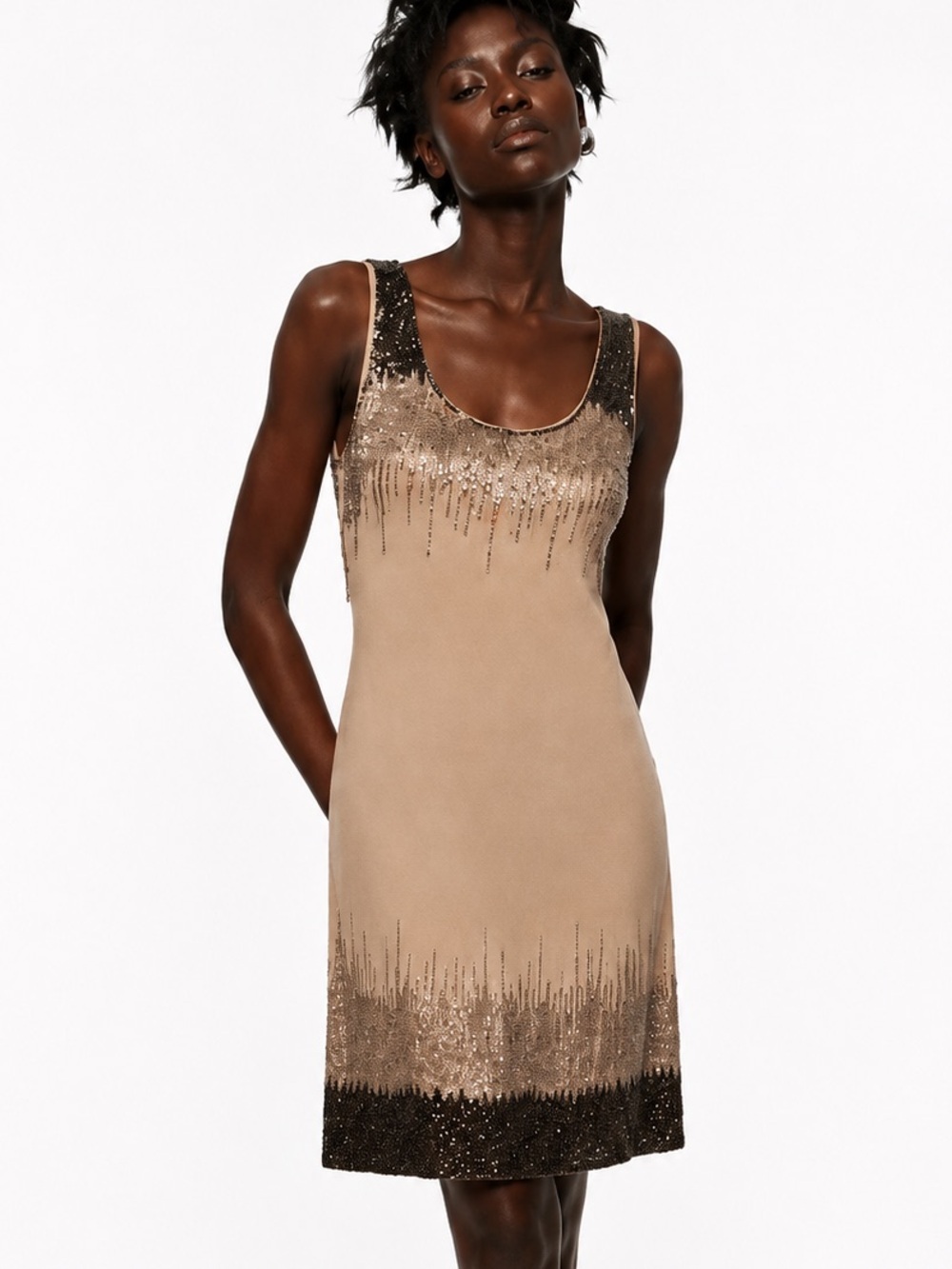 Trina Turk beaded cocktail dress- glam retro 20s 30s. Neutral, 6